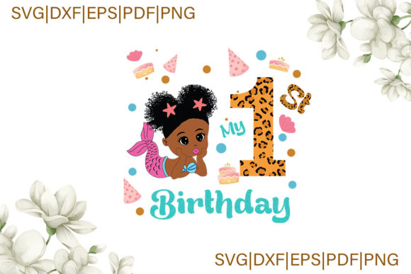 Black Mermaid Birthday 1st Digital Graphics & Illustrations